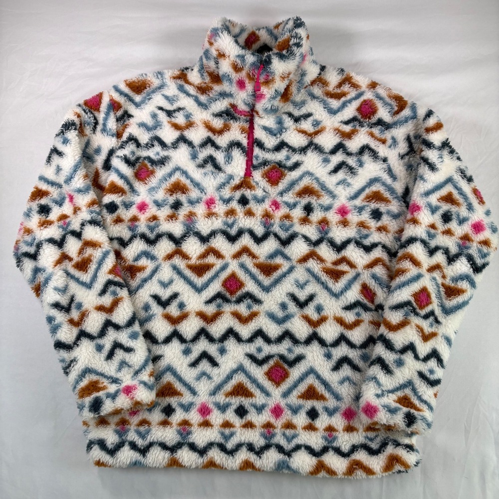 Eddie Bauer Fleece Pullover Womens Small Aztec Geometric Faux Fur Quarter Zip